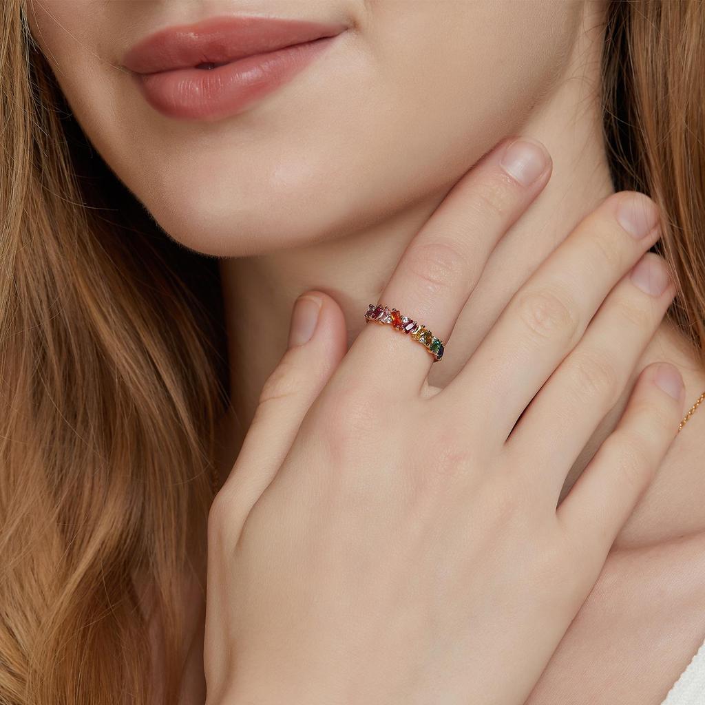 Summer Sale: Luxury S925 Silver Plated 10K Gold Rainbow Zircon Ring – Simple European & American Style for Index Finger.