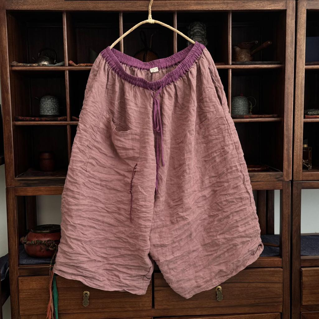 Johnature Women Vintage Wide Leg Pants Patchwork Pockets Solid Color Trousers Autumn Elastic Waist Loose Pants