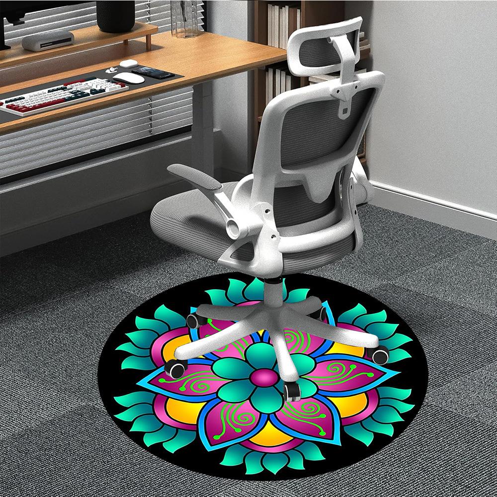 1pc Colorful Flower Mandala Chair Carpet for Office, Round Polyester Mat, Indoor Decor for Office, Easycare Fabric, Washable Non-slip Area Carpet