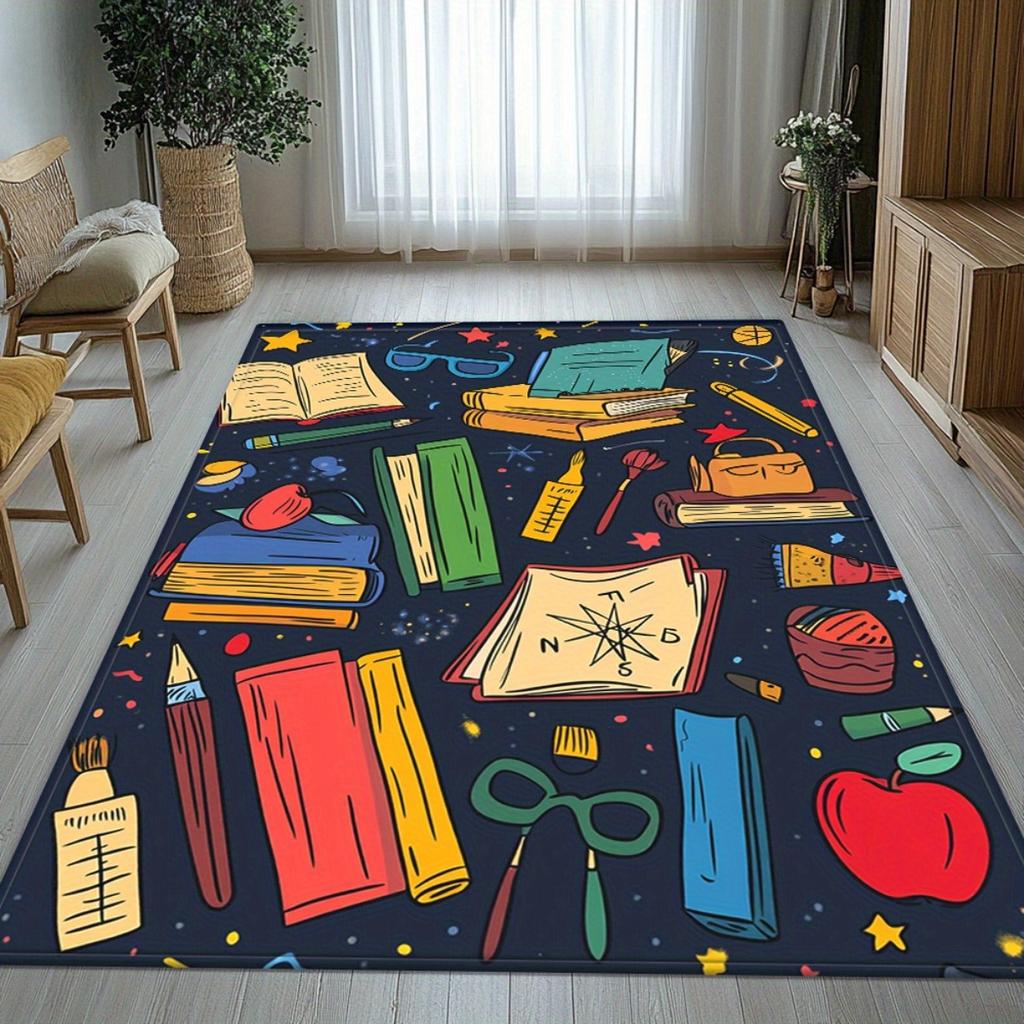 School Supplies Print Non-slip Area Rug Educational Stationery Pattern Floor Mat for Study Room Classroom Bedroom Decor