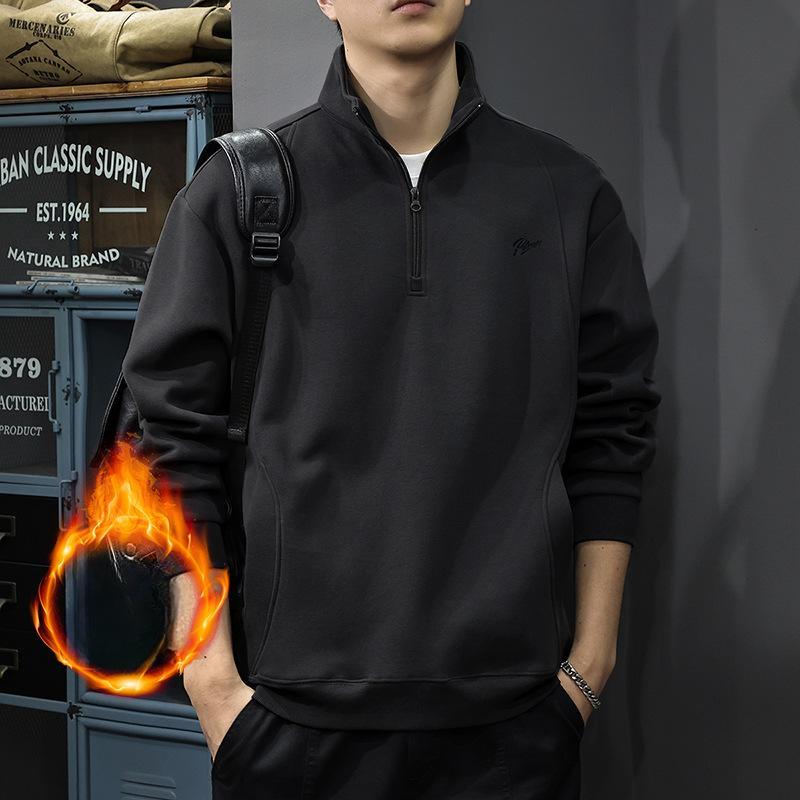 Autumn Heavy Fleece Stand-Up Neck Men'S Sweater American Retro Polo Shirt Loose Semi-Zipper Pullover Jacket