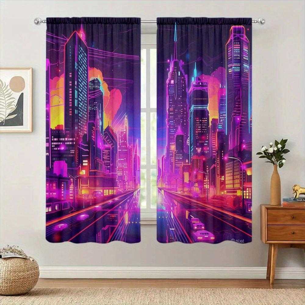 Future City Painting Printed Curtain for Home Decor - Rod Pocket Window Treatment for Bedroom   Kitchen   Living Room