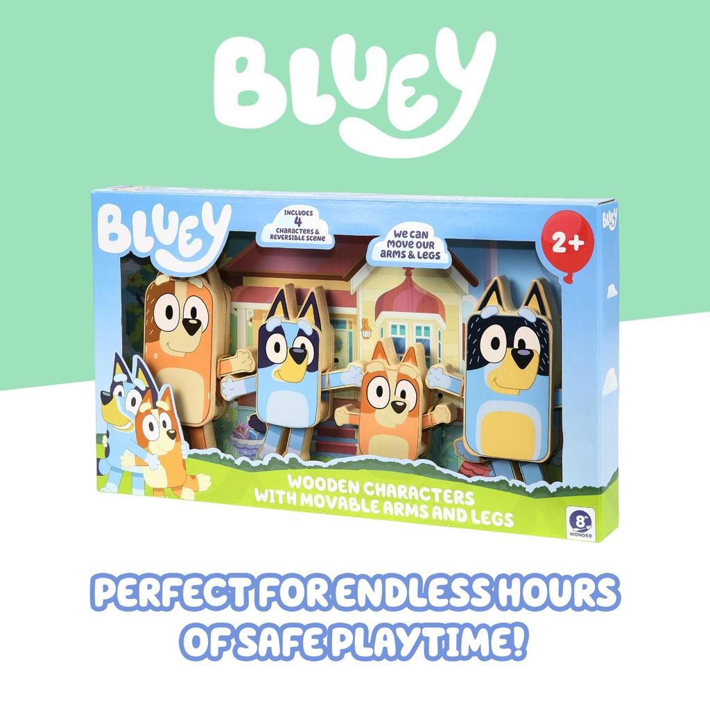 Bluey Characters Wooden Figures, Set of 4, Colorful Articulated Wooden Toys for Toddlers, Includes Bingo, Chili, and Bandit, Block Set for Ages 3 and
