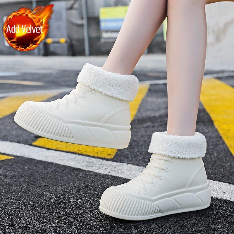 Women's Thick Soled Fur Lined Anti Slip Rain Boots, Short Tube Casual Shoes, Cute Design for Students, Waterproof Shoes