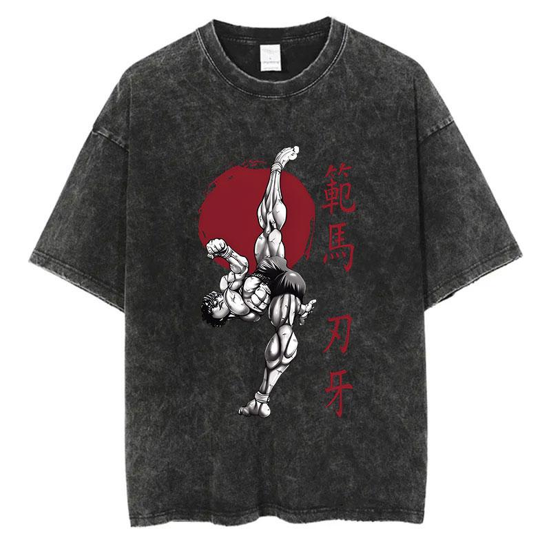 Anime Baki Washed Tshirt Harajuku Summer Cotton Short Sleeve Oversize Tees Vintage Streetwear Baki Hanma Print T-Shirt