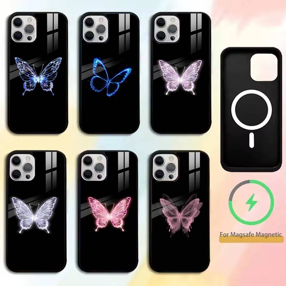 Fluorescent Butterfly Phone Case For iPhone17,16,15,14,13,12,11 Plus,Pro Magnetic with Magsafe Wireless Charging