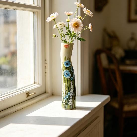 Handmade Face Bud Vase Bohemian Girls Face Ceramic Vase Cute Hand Painted Character Flower Plant Holder for Bathroom Living Room Shelf Home Decor