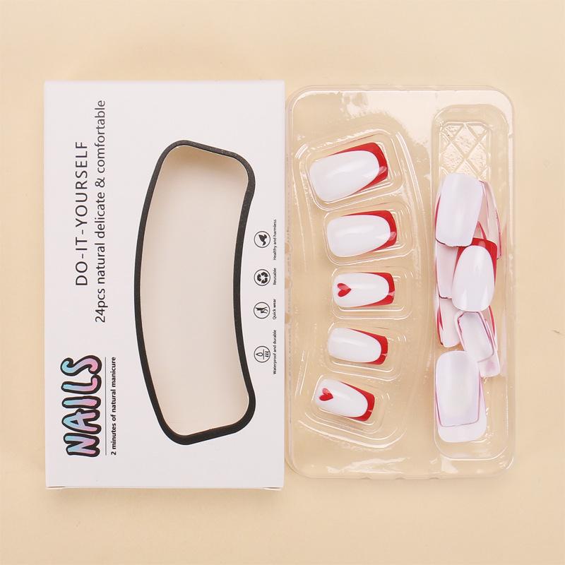 Trendy European & American Heart-Edge French Red Nail Art Set - 24 Wearable Pieces