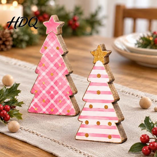 Holiday Party Centerpieces Pink Christmas Tree Wooden Figurine Snowflake Polka Dot Tabletop Decor Romantic Decorations Festive Home Ornament