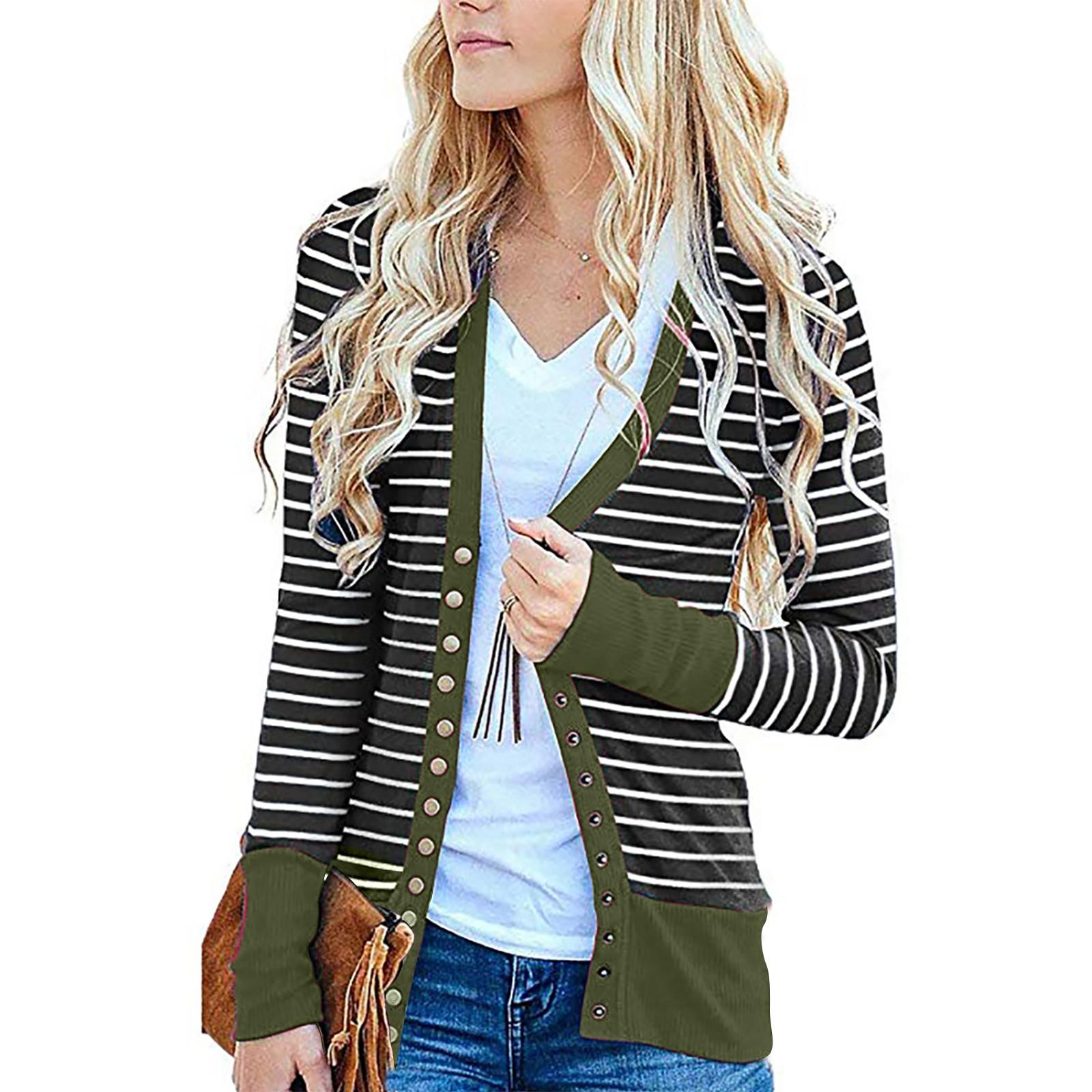 

Women s Fashion Casual Striped Stitching Long-Sleeved Cardigan Jacket Tops L армія зелений колір