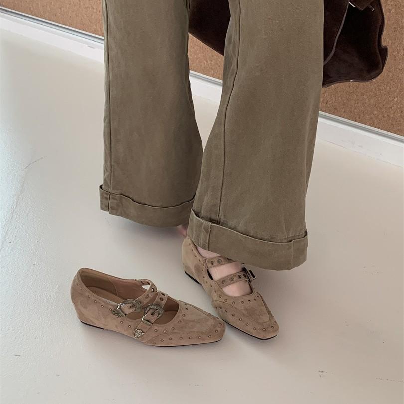 Punk Style Niche Double Buckle Belt Inner Height Increase Square Head Suede Mary Jane Shoes Women's Rivets Shallow Mouth Single Shoes