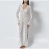Elegant See Through Split Dress Women White Lace Up Deep V-neck Long Sleeve Female Dresses Loose Lady Dress