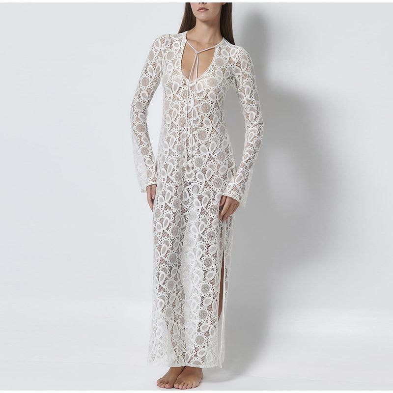 Elegant See Through Split Dress Women White Lace Up Deep V-neck Long Sleeve Female Dresses Loose Lady Dress