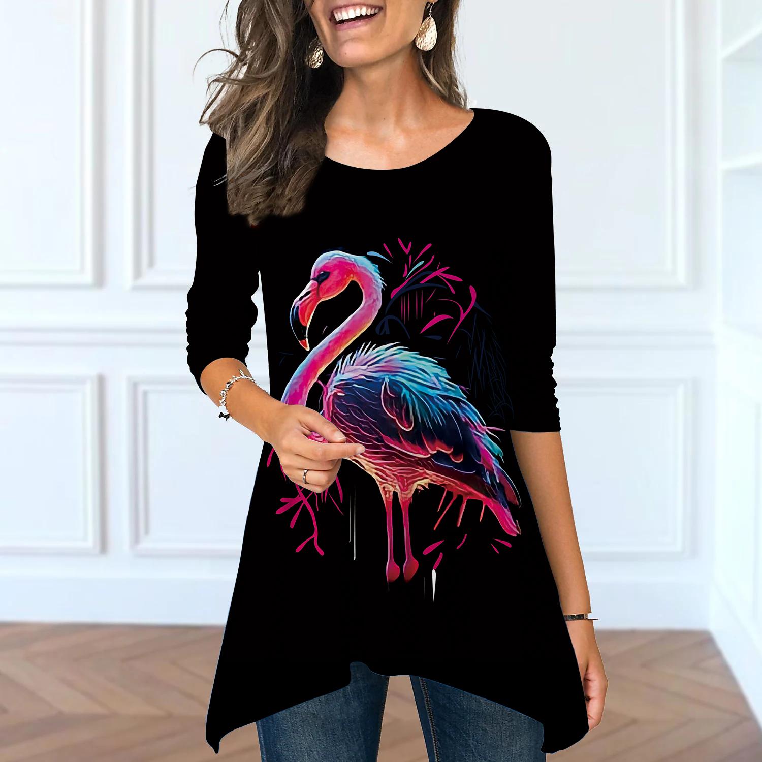 Женские весенние топы с круглым вырезом и принтом в виде красного журавля — фото 3