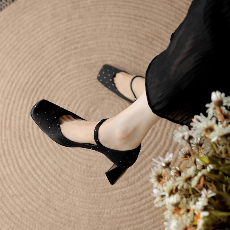 New Autumn Black Polka Dot Diamond Embedded Thick Heel Square Head Single Shoes French Style One Strap High Heel Mary Jane Women