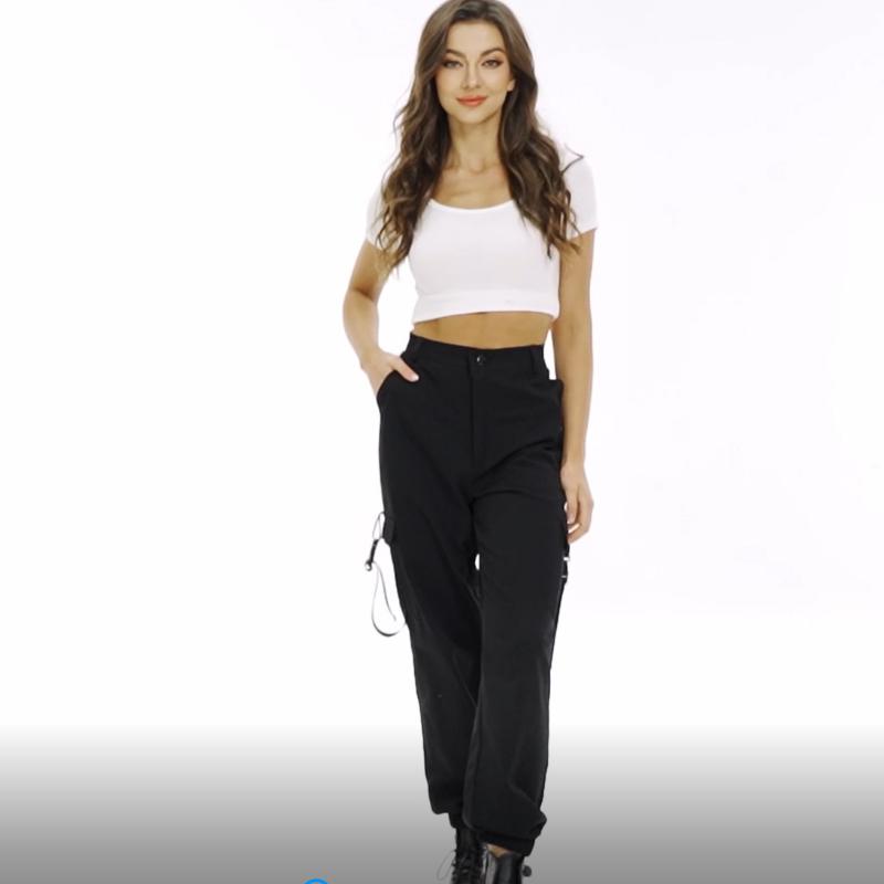Damenhose Schwarz Khaki Hohe Taille Cargohose Taschen Patchwork Lose Streetwear Bleistifthose