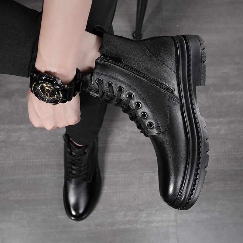 Men's Genuine Leather Boots Fashion Motorcycle Ankle Boot 2025 New High Top Casual Boots for Men Plush Warm Winter Boots for Men