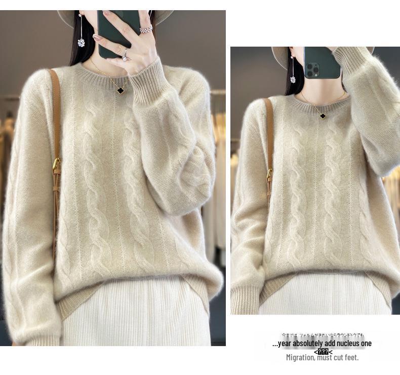 2023 Thick Cable Knit Round Neck Wool Sweater - Heavyweight, Loose Fit, Slimming Base Layer Top.