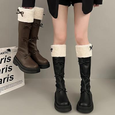 Stivali da Donna alla Moda con Dolce Nodo a Farfalla 2024 Nuovo Stile Coreano Moda Marroni Stivali Alti Peluche Ispessiti Inverno Stivali Alti al Ginocchio da Donna