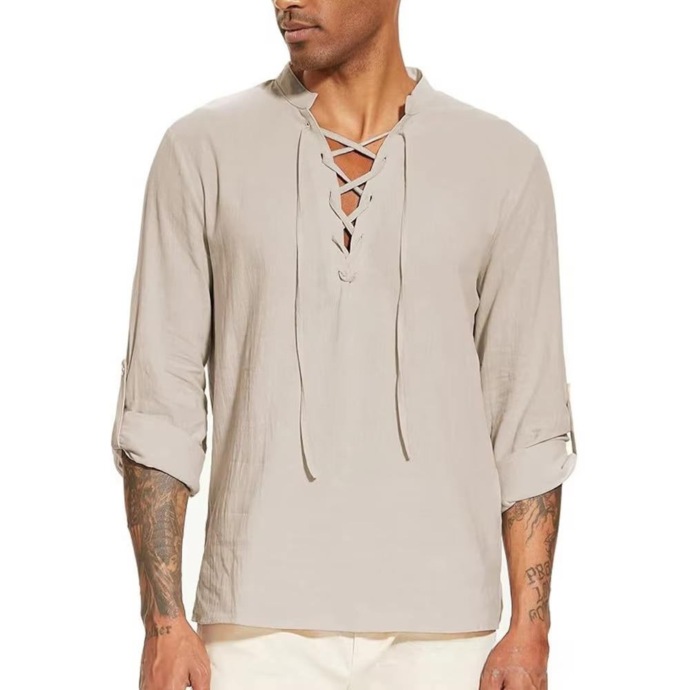 Men's Pirate Shirt Medieval Viking Henley Collar Shirts Drawstring Cotton Linen Lace Up V Neck Shirts Beach Spring Summer Tops