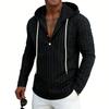Men's Linen Striped Long Sleeve Hooded Shirt with Half Zip and Drawstring, Relaxed Fit