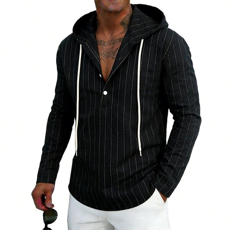 Men's Linen Striped Long Sleeve Hooded Shirt with Half Zip and Drawstring, Relaxed Fit