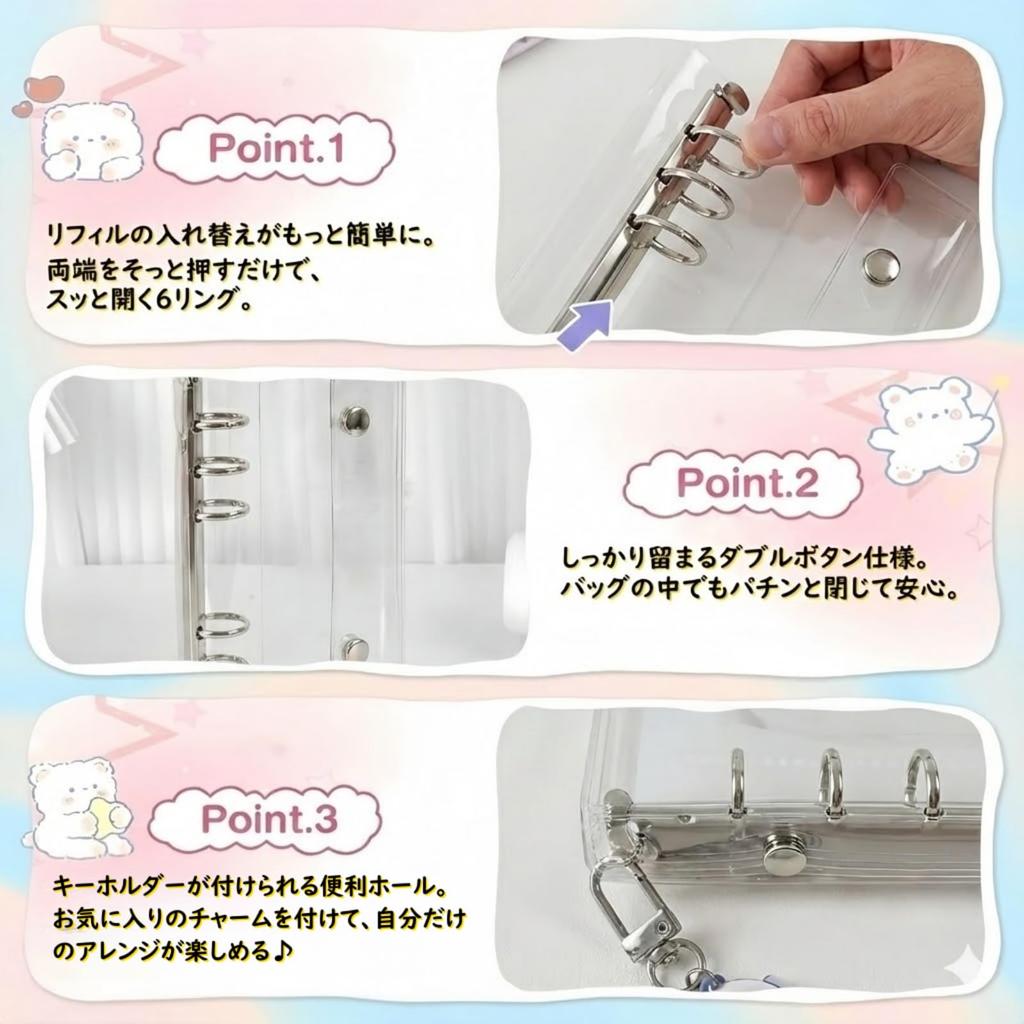 PERZUMI A7 Binder Sticker for Removable Includes 10 Pocket Sticker Fandom Goods Book, Transparent, Girls, Stickers, 6-Hole, Refillable, Refills,