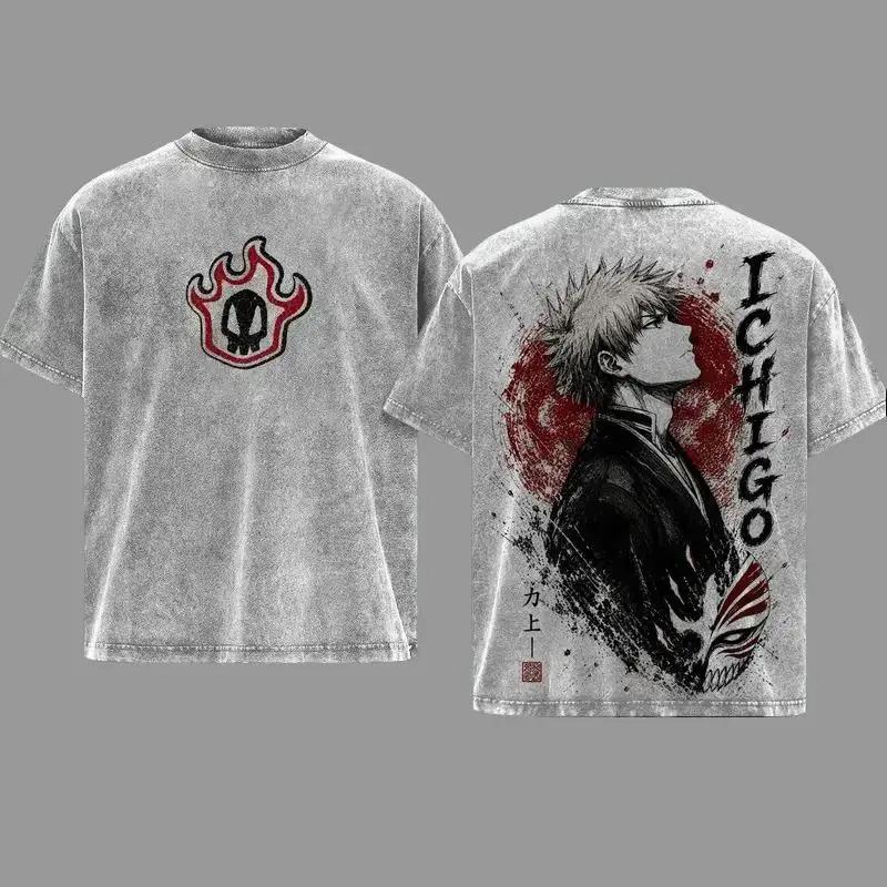 Kurosaki Ichigo BLEACH Manga T-shirt Men Clothing Anime Vintage Washed T Shirt Summer Casual Oversized 100% Cotton Tee Clothes