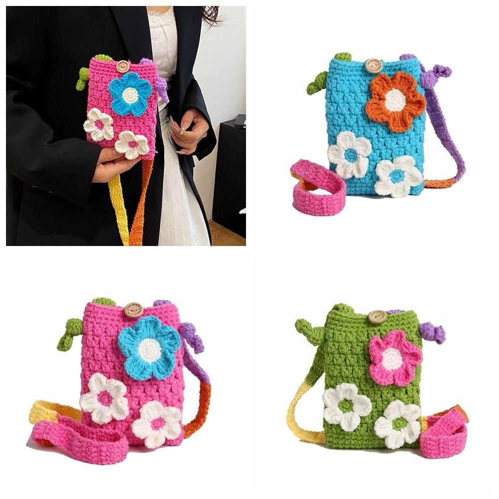 Bohemian Cotton Crochet Weave Bag Cotton Rope Large Capacity Flower Shoulder Bag Storage Bag Hollow Out Knitted Crossbody Bag