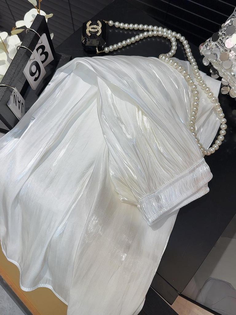 High-Waisted Retro Pleated A-Line Chiffon Skirt with Pearlescent Sheen
