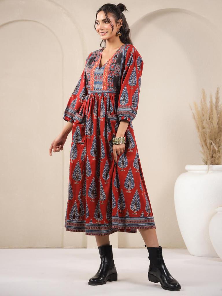 Hand Block Printed Dress Midi Cotton Floral Dress Boho Chic Holiday Summer Indian Cotton Dress Handmade In India Jaipuri Dress with Pockets