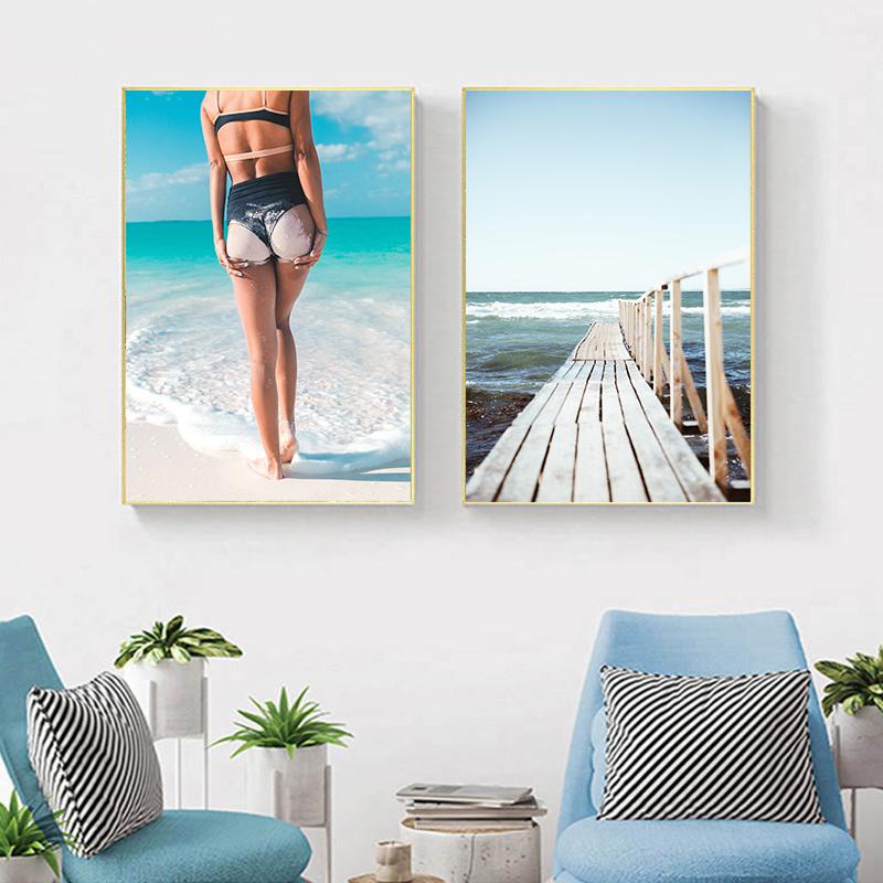 Summer Seaside Scenery Beauty Palm Tree Surfboard Nordic Poster Landscape Decoration Painting Canvas Art Wall Picture HD Print