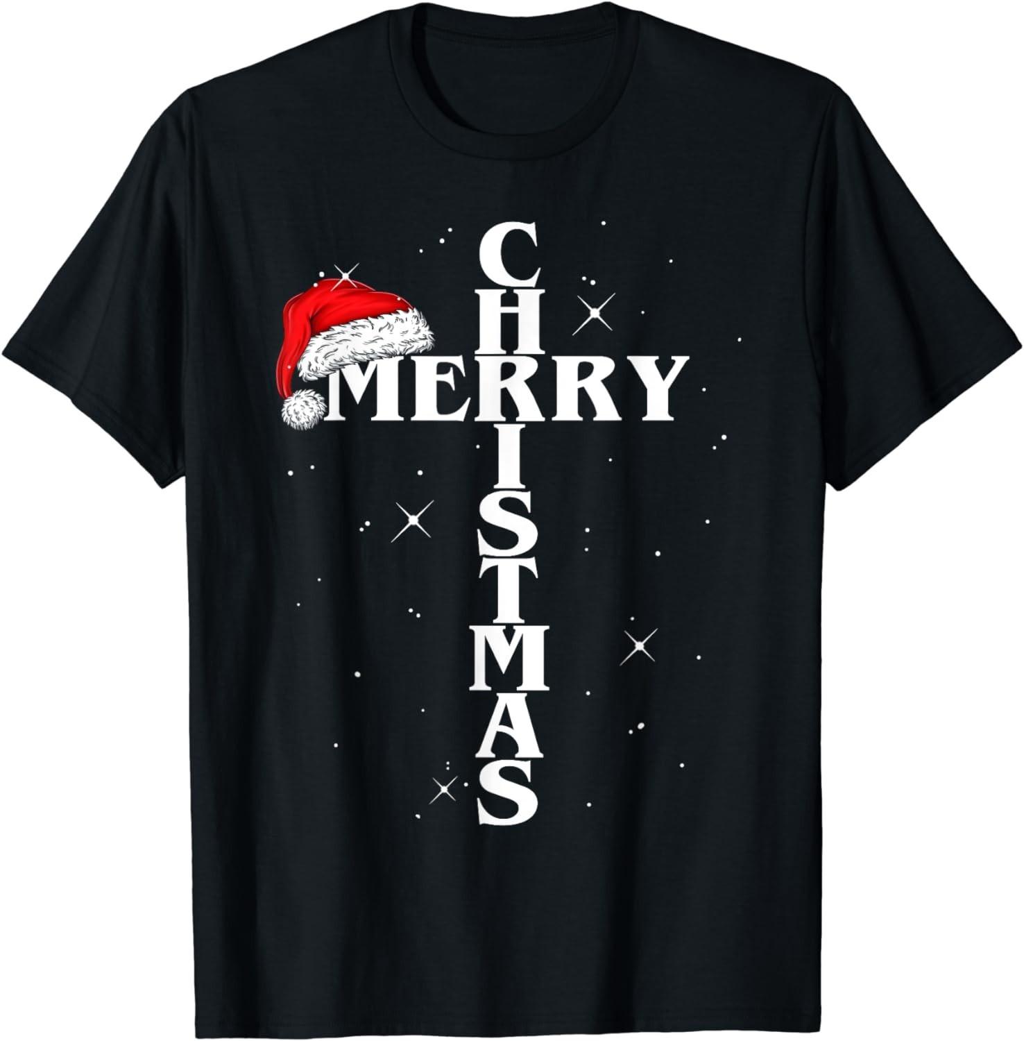 BEST! Christian Christmas Santa Hat Jesus Cross And Snow Tee S-3XL M