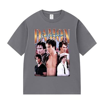Camiseta Gráfica Retro de los 90 Damon Salvatore Unisex Moda Harajuku Camisetas de Algodón de Manga Corta Ropa Gótica Y2k para Hombre Camiseta