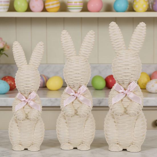 Rattan Effect Resin Easter Bunny Figurine Wicker Rabbit Statue with Bow for Spring Table Centerpiece Indoor Outdoor Patio Yard Farmhouse Home Decor