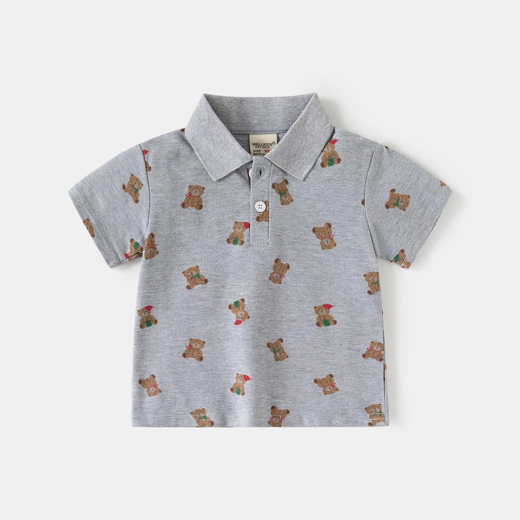 Boys Short Sleeve Polo Shirt with Bear Print Summer New 2026 Toddler Kids Casual Tops Button Down Collar