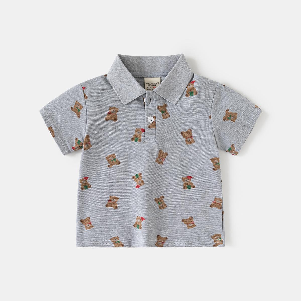 

Boys Short Sleeve Polo Shirt with Bear Print Summer New 2026 Toddler Kids Casual Tops Button Down Collar 130cm сірий колір