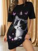 Women'S Cute Kitten ; Butterfly Print Dress - Soft Short Sleeve Round Neck Sleep Dress with ; Cat ; Purple Butterflies