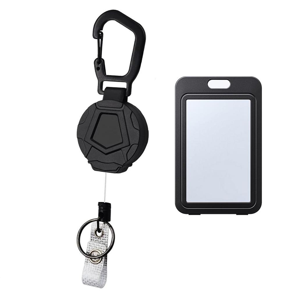 Black Metal Keychain with Easy-Pull Card Holder and Retractable Steel Wire for Climbing and Hiking