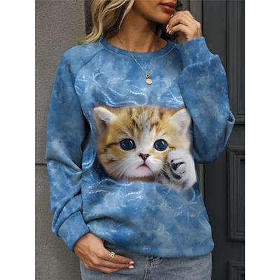 Damen Sweatshirt Polyester Katze Straße Alltagskleidung Druck Freizeit Rundhals Langarm Mikroelastisch Herbst Winter