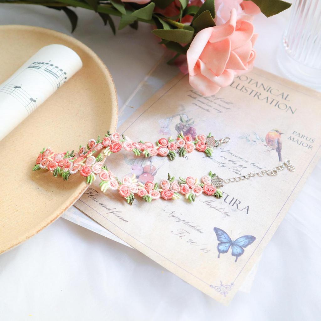Mori Girl Peach Pink Lace Embroidered Flower Choker Necklace for Women