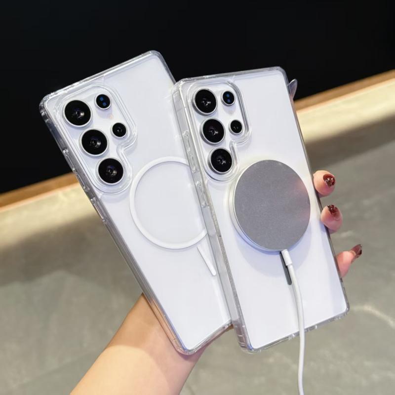 For Samsung Galaxy S25 Ultra S22 S23 FE S24 Plus Edge Phone Case Magsafe Magnetic Wireless Charge Clear Hard Cover Funda Capa