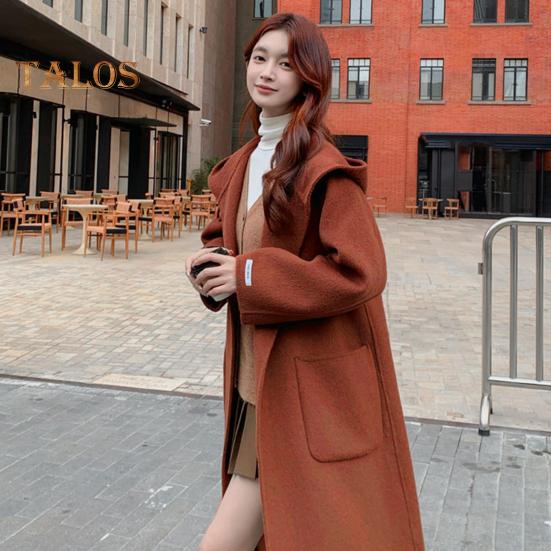 Women Winter Overcoat Hooded Pockets Pure Color Open Stitch Cardigan Mid Length Coat Thermal Long Sleeves Commuting Dating Winter Coat