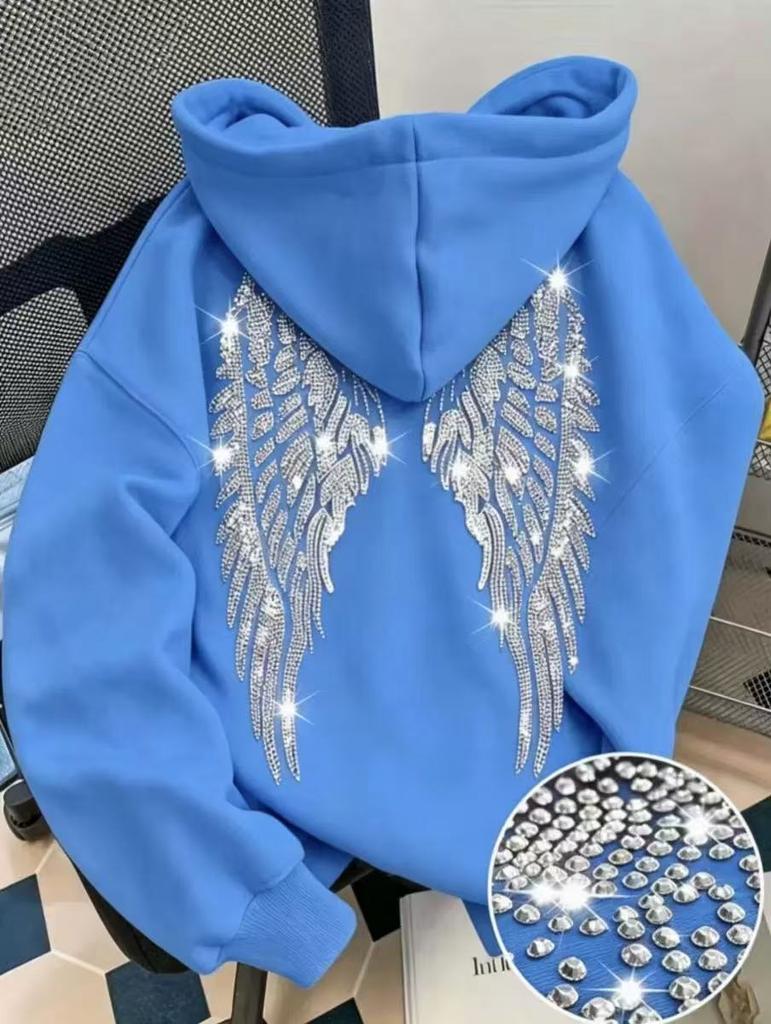 Hanorac cu glugă și mânecă lungă pentru femei, croială regulată, hoodie casual, pulover cu imprimeu aripi cu strasuri, poliester, îmbrăcăminte exterioară fashion