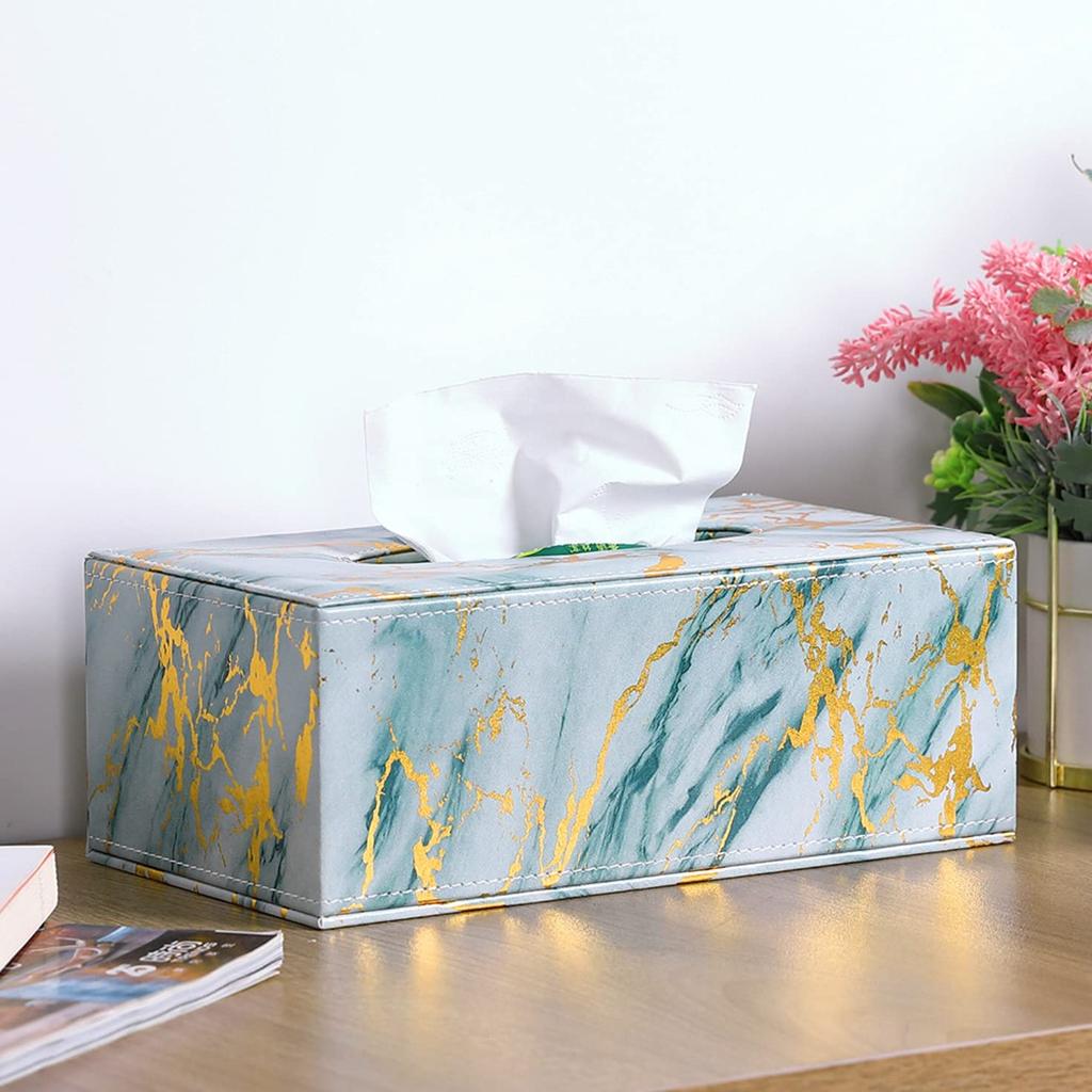 Queen-b Marble Tissue Box Holder Cover, Elegant, Gorgeous, and Stylish, Luxurious PU Leather, Perfect for Tabletop Decor, Gift, or Present (Blue)
