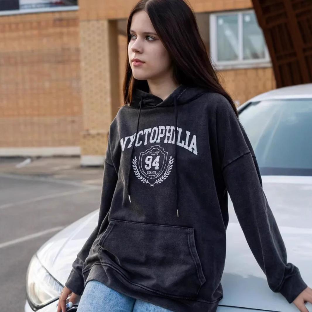 Новый сезонный классический свободный американский старый стираный худи шикарный хай-стрит bf принт XXXL промывают черный