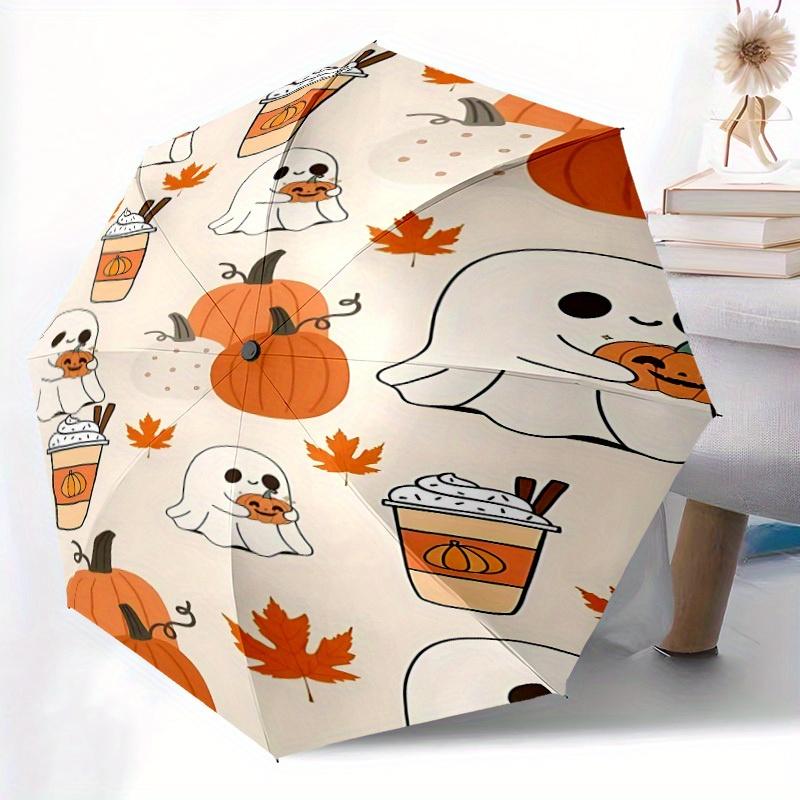 1pc Pumpkin Ghost Automatic Umbrella   Auto Open/Close Folding Umbrella with  8 Rib Frame, 3 Fold Compact Umbrella for Men & Women, 131
