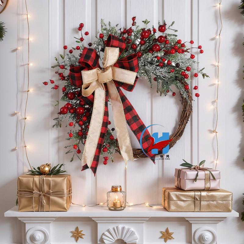 Christmas Wreath With Red Berries Bows Door Hanging Xmas Holiday Decor