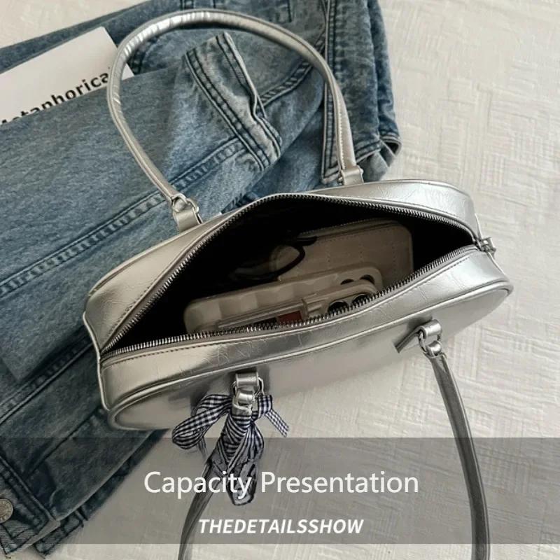 Large Capacity Silver Bag Women Portable Pillow Bag All-Match Shoulder Underarm Bag Women'S Handbag Casual Boston Commuting Bags