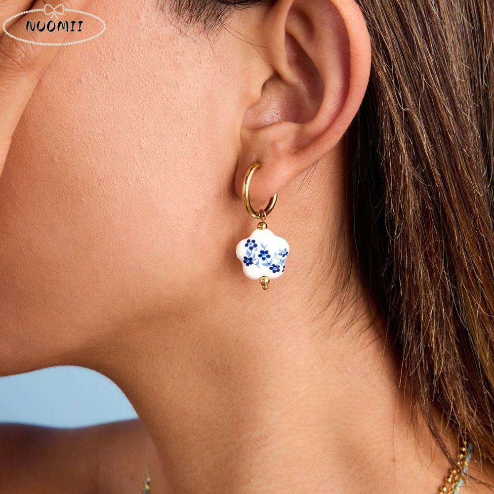 Chinese Style Ceramic Ear Buckle Stainless Steel Fish Blue and White Porcelain Earrings Dripping Oil Painting Gold Hoop Earrings